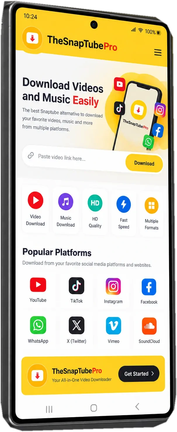 Snaptube interface shown on a front-facing mobile phone frame